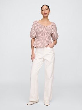 GAP Pink Striped Puff Sleeve Peplum Top